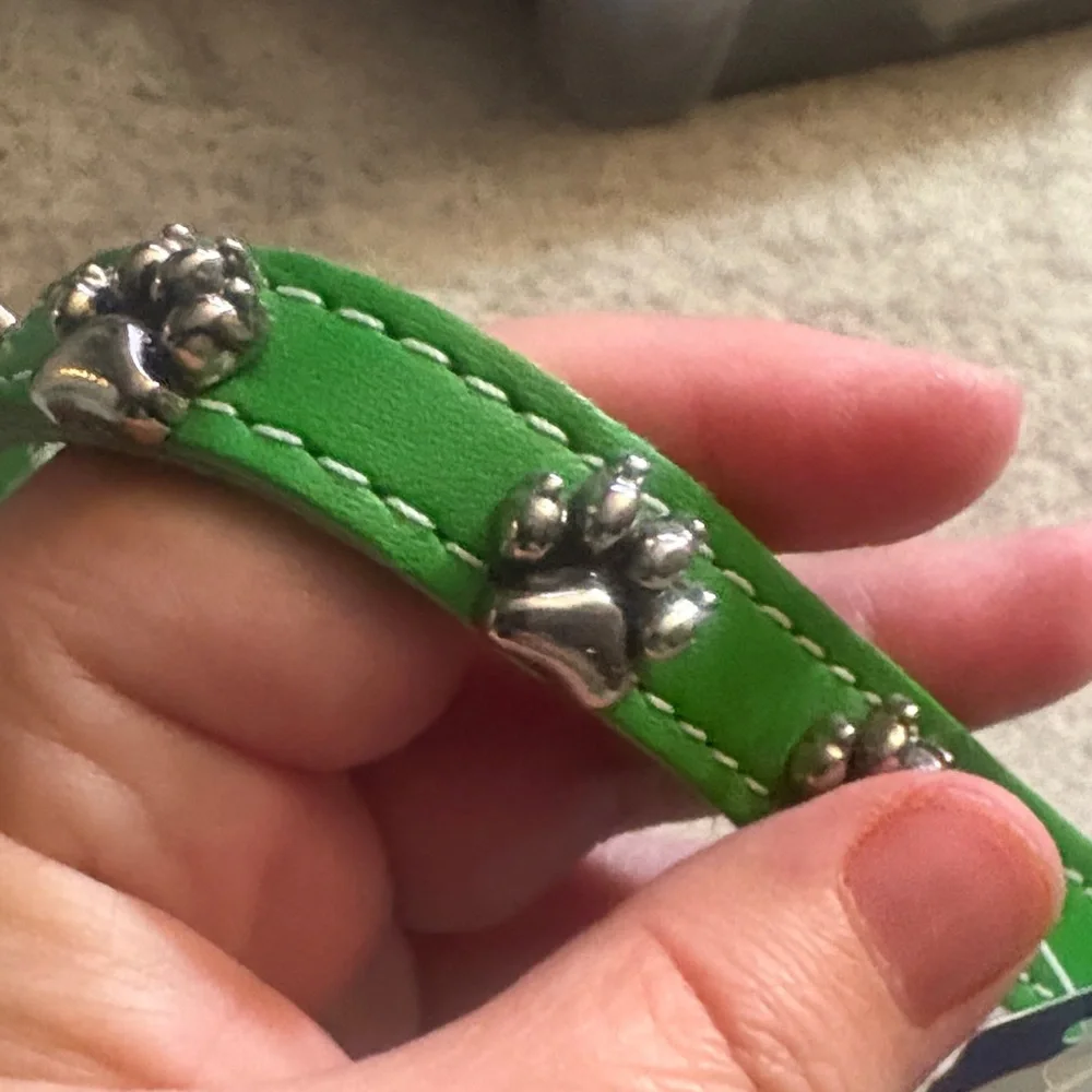 New leather Green One Dog Collar with Paw Print Accents size 19 inches xs/small